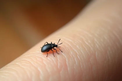Gros plan hyper-réaliste d'un petit insecte noir sur une peau humaine, illustrant une petite bête noire qui pique dans la maison