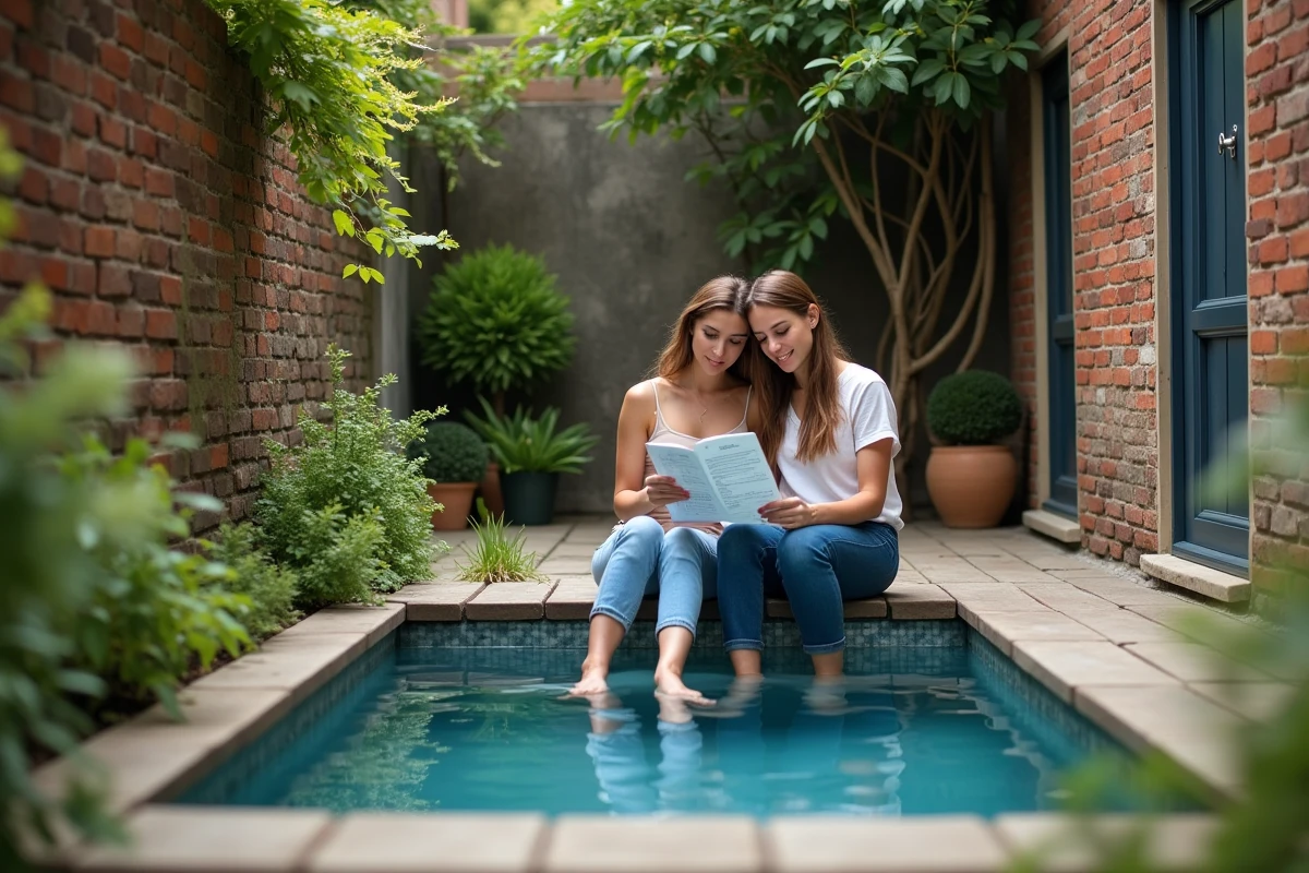 Couple étudiant le devis de construction d'une petite piscine compacte dans une cour urbaine