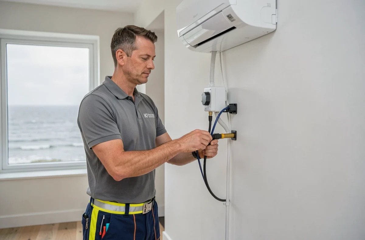 Installateur de Petton Energies raccordant les tuyaux frigorifiques d'un climatiseur mural dans une maison bretonne moderne