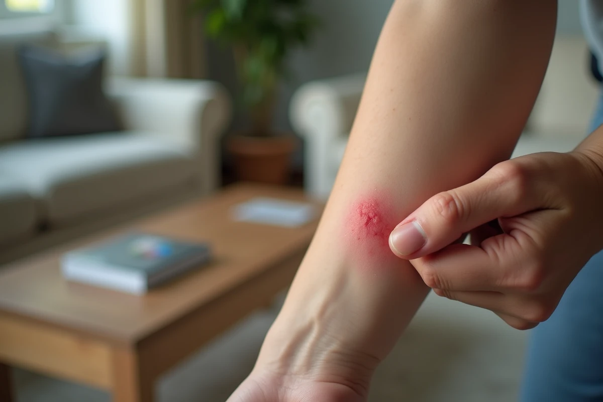 Personne se grattant une piqûre d'insecte rouge sur l'avant-bras dans un salon, réaction cutanée à une petite bête noire dans la maison