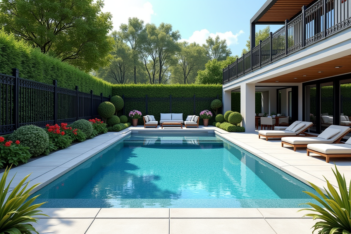 Piscine élégante entourée de clôture en fer forgé et mobilier moderne