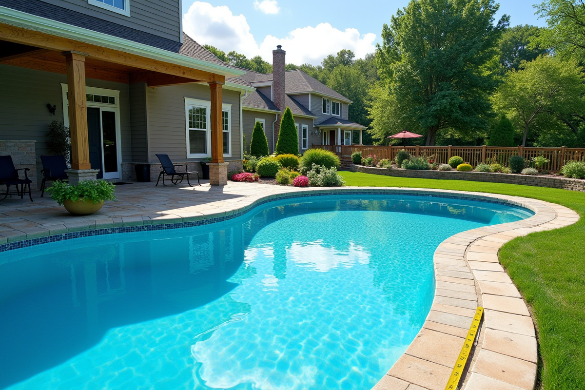 Piscine creusée finie dans un jardin paysager ensoleillé