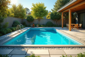 Jardin avec piscine sécurisée et ambiance familiale