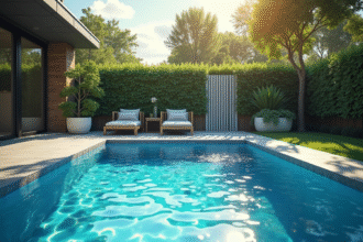 Piscine moderne sécurisée dans un jardin résidentiel ensoleillé