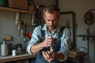 Plombier moyen âge en action avec filasse sur tuyau