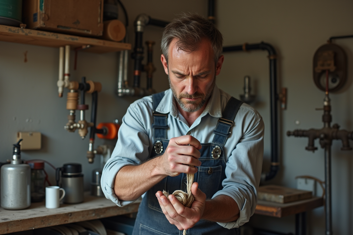Plombier moyen âge en action avec filasse sur tuyau