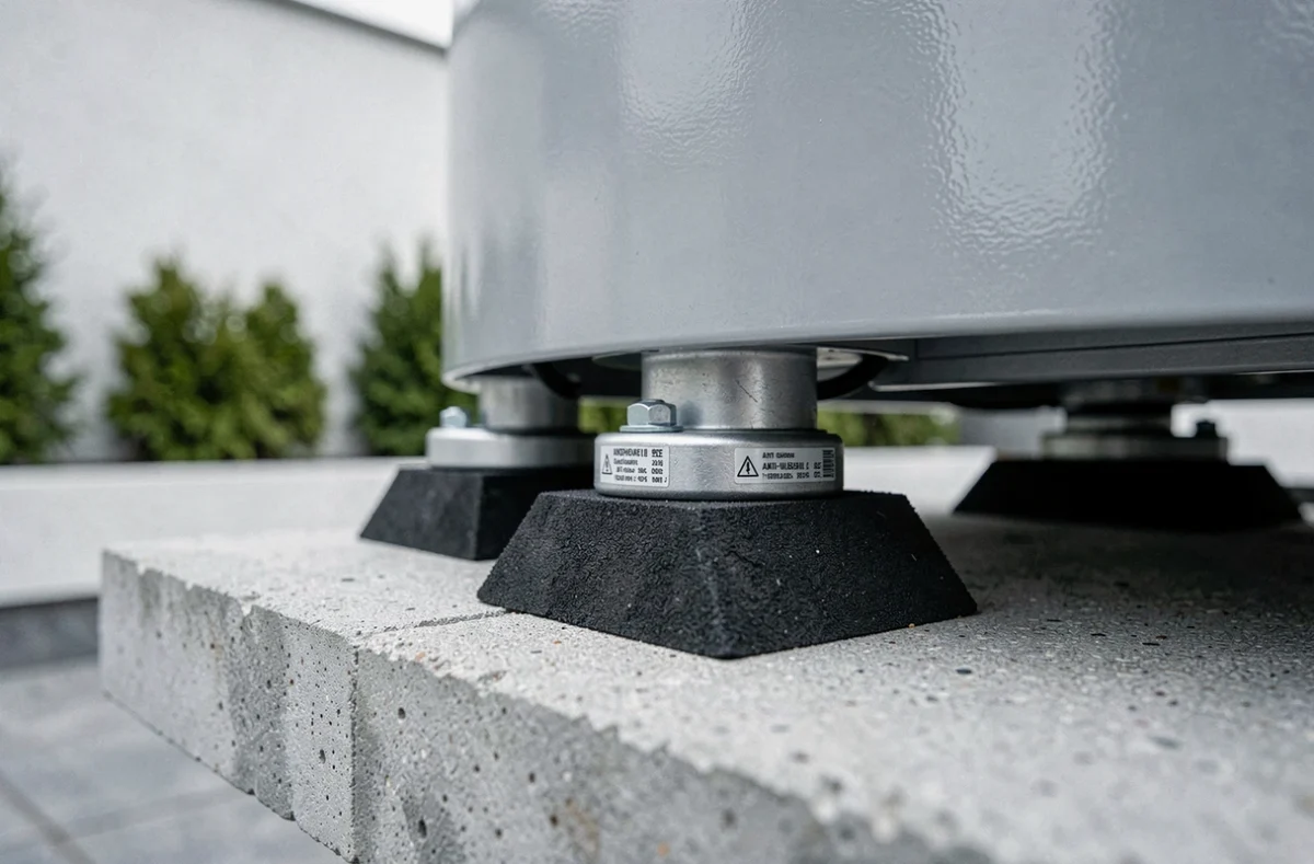 Gros plan sur les plots anti-vibration en caoutchouc sous les pieds d'une pompe à chaleur pour réduire les nuisances sonores
