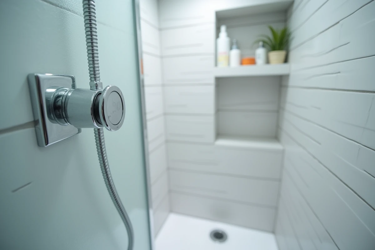 Gros plan sur une pomme de douche économique et un régulateur de débit dans une salle de bain locative, illustrant les solutions pour optimiser la consommation d'eau