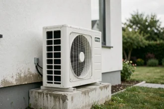 Pompe à chaleur air eau installée sur la façade extérieure d'une maison contemporaine
