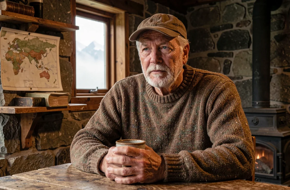 Portrait d'un homme mûr pensif dans une cabane en pierre en Patagonie, tenant une tasse en céramique