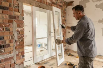 Artisan posant un cadre de porte-fenêtre 2 vantaux dans une ouverture murale lors de travaux de rénovation intérieure