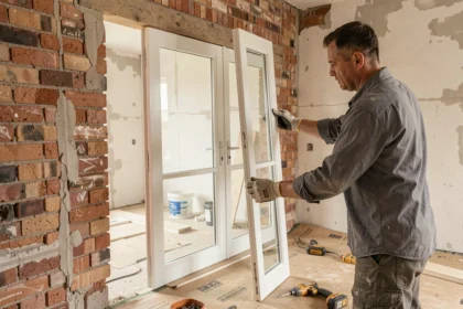 Artisan posant un cadre de porte-fenêtre 2 vantaux dans une ouverture murale lors de travaux de rénovation intérieure