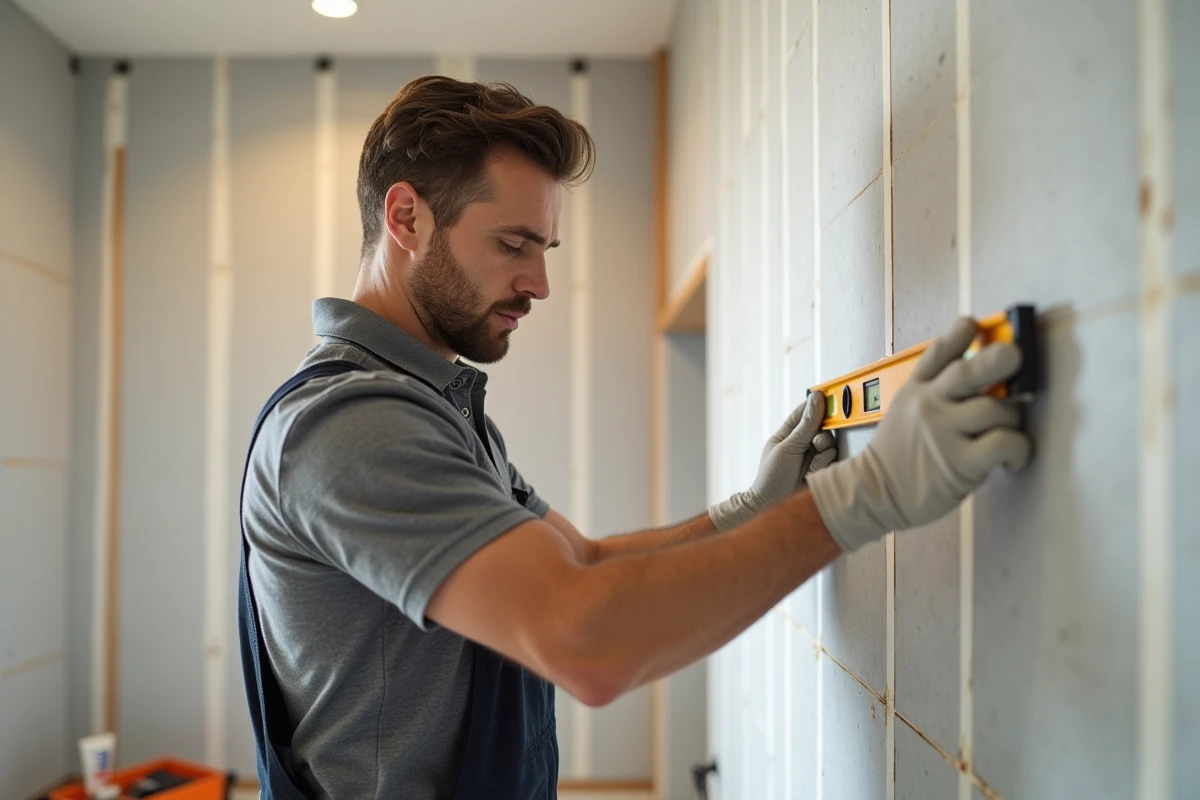 Installateur posant une dalle murale PVC dans une salle de bain en rénovation avec niveau à bulle