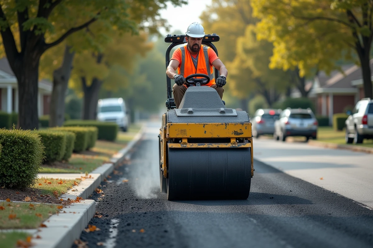 Ouvrier posant de l'enrobé drainant avec un compacteur sur une allée privée en milieu résidentiel