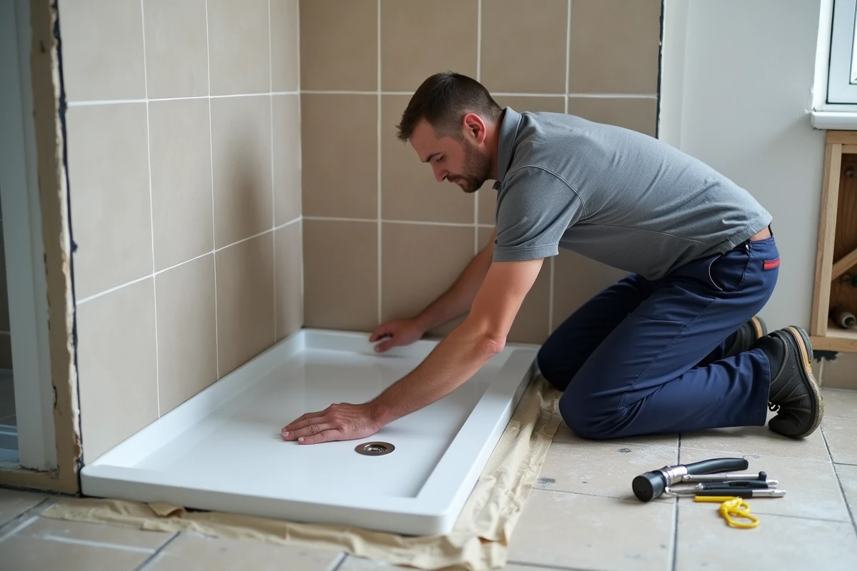 Plombier en train de poser un receveur de douche extra plat dans une petite salle de bain en rénovation