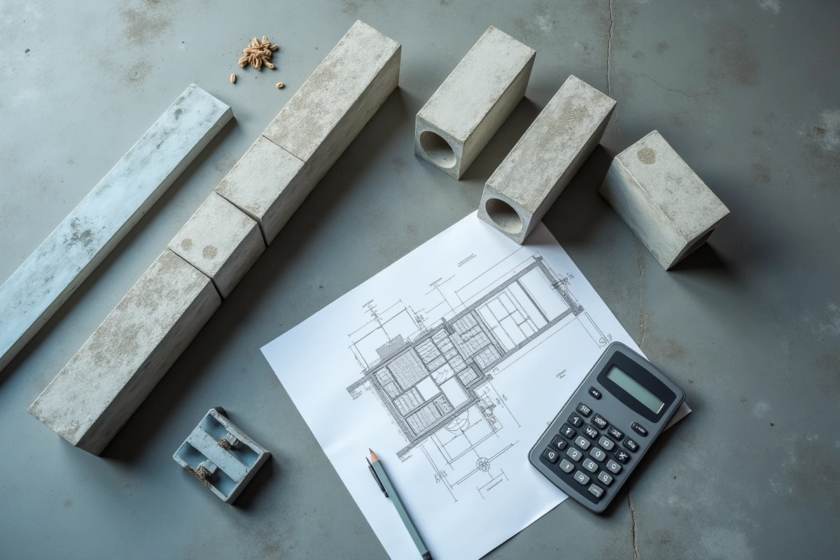 Vue aérienne de poutrelles en acier et blocs hourdis avec plan de construction et calculatrice pour estimation de budget