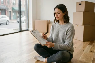 Jeune femme primo-locataire consultant une checklist de déménagement dans un appartement vide avec des cartons