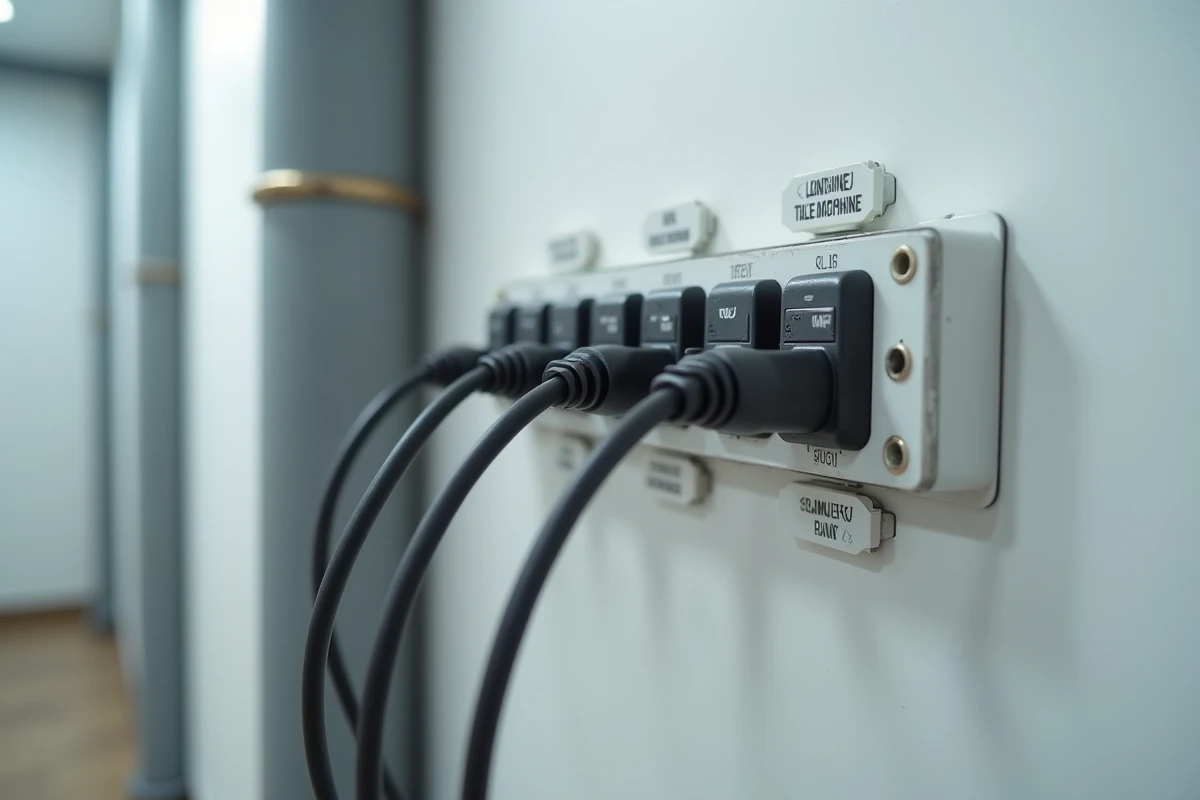 Gros plan sur une prise téléphonique murale avec répartiteur RJ11 pour téléphone fixe, fax et interphone