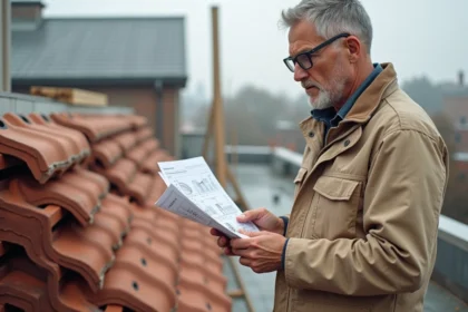 Professionnel du bâtiment lisant une fiche technique de pose de tuile canal sur un chantier de toiture
