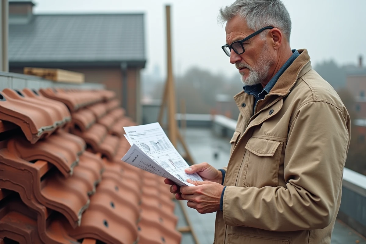 Professionnel du bâtiment lisant une fiche technique de pose de tuile canal sur un chantier de toiture