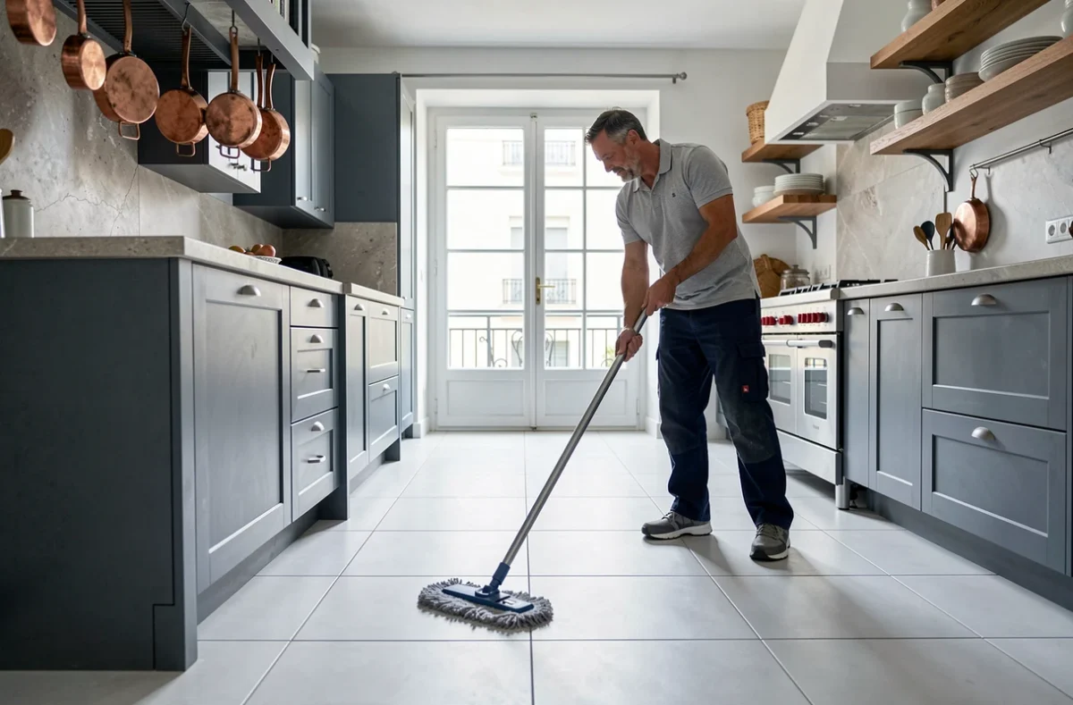 Professionnel du ménage nettoyant le sol d'une grande cuisine moderne dans une maison de Versailles