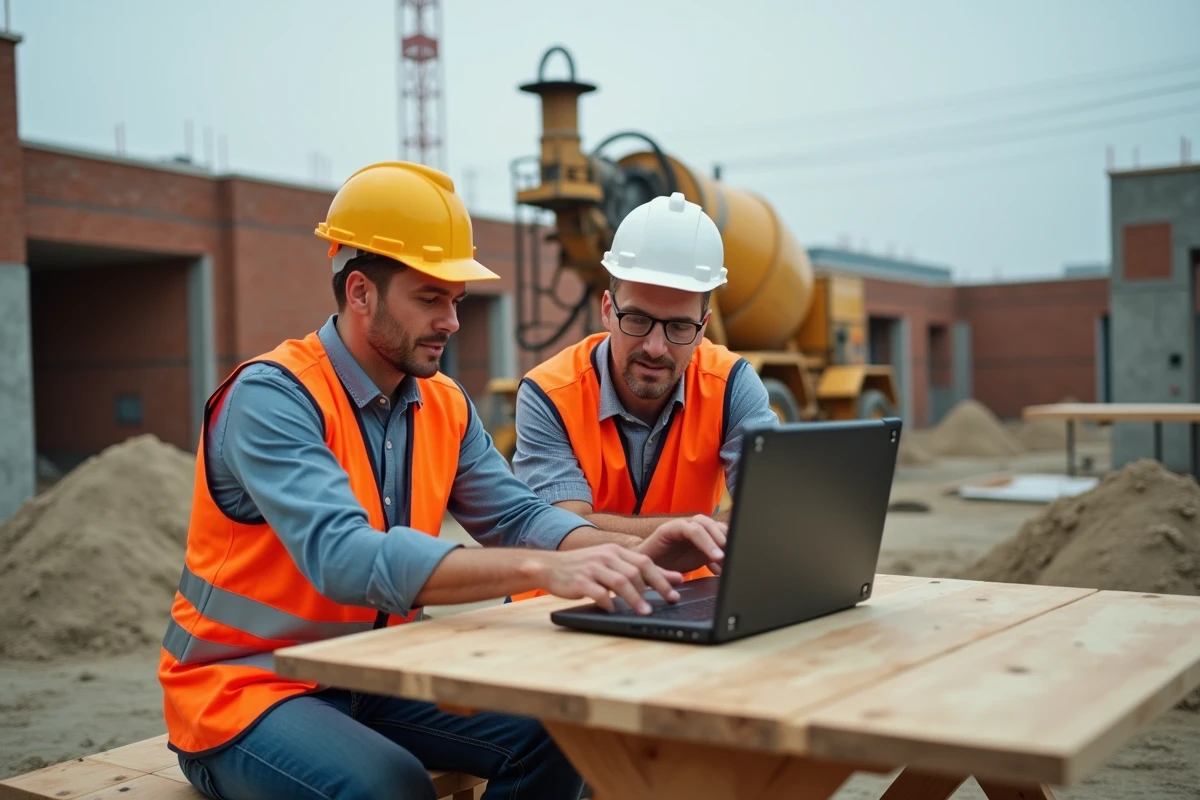 Deux professionnels du bâtiment consultant le site e-pro-batiment.fr sur un ordinateur portable pour sécuriser leur chantier à distance