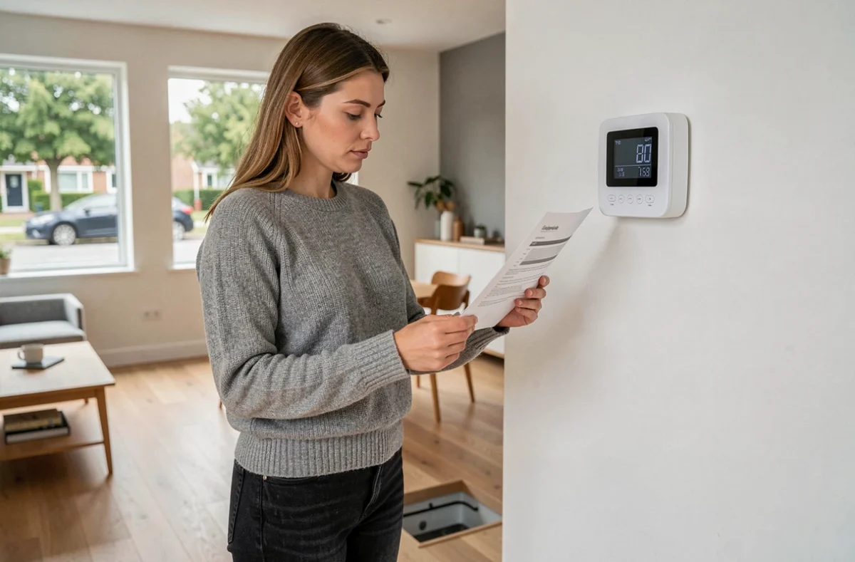 Propriétaire consultant sa consommation de chauffage géothermique sur un thermostat connecté