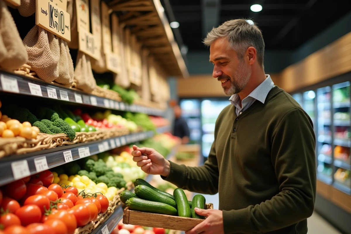 Homme choisissant des légumes bio et locaux dans le rayon Carrefour d'un supermarché