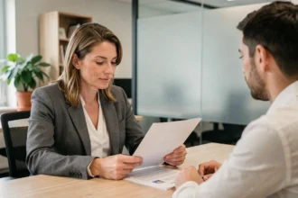 Une cliente discute avec un conseiller d'agence d'intérim pour recruter une femme de ménage professionnelle