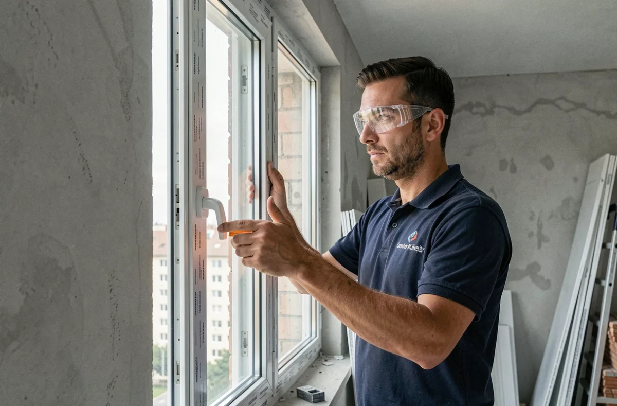 Technicien posant un cadre de fenêtre PVC moderne dans un appartement en rénovation