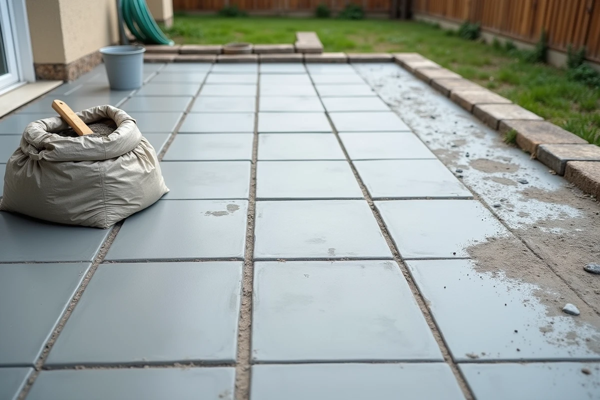 Rénovation d'une terrasse extérieure avec pose de carrelage en béton et mortier sur ancien revêtement usé