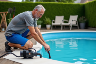 Homme en shorts bleus et t-shirt technique répare une piscine