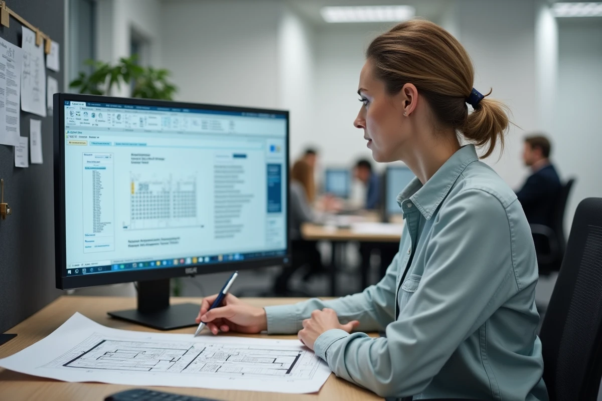 Responsable de chantier à distance consultant des documents réglementaires de sécurité bâtiment sur ordinateur depuis son bureau