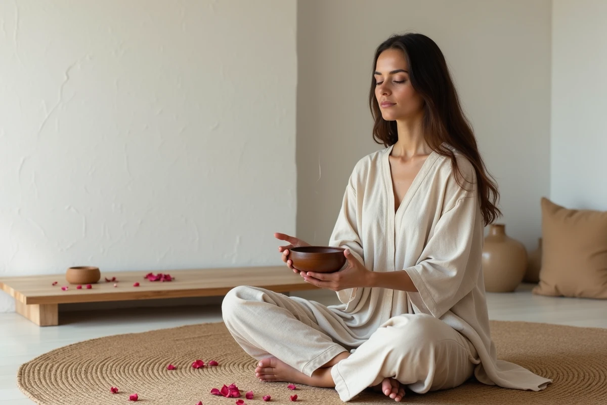 Femme tenant un brûle-encens arabe mabkhara lors d'un rituel de méditation à l'encens dans un intérieur minimaliste