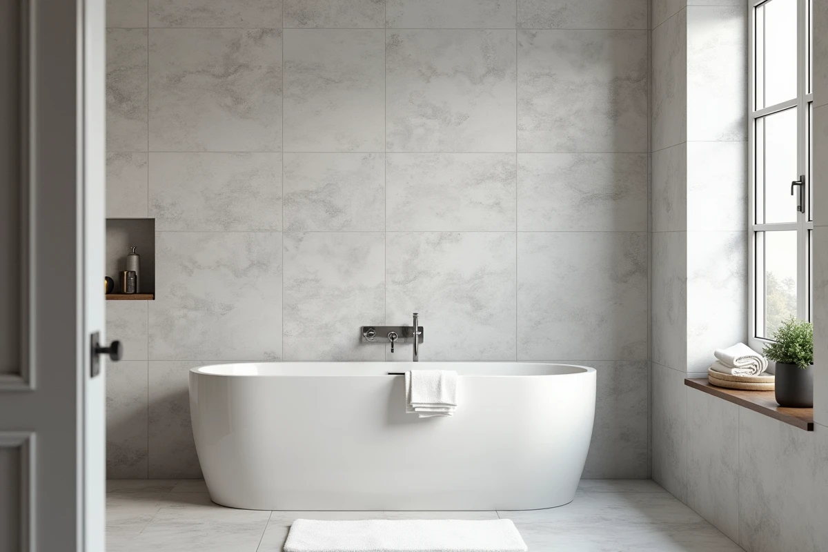 Salle de bain complète habillée de dalles murales PVC effet pierre gris avec baignoire îlot et robinetterie chromée