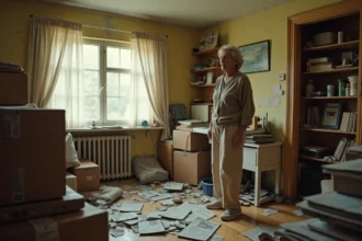 Femme âgée debout dans un salon encombré et insalubre avec des boîtes et vieux meubles empilés, illustrant la nécessité d'un service de débarras de maison