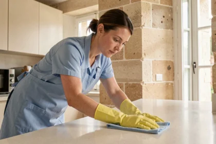 Femme de ménage professionnelle en uniforme bleu nettoyant le plan de travail d'une cuisine moderne dans un appartement à Angers