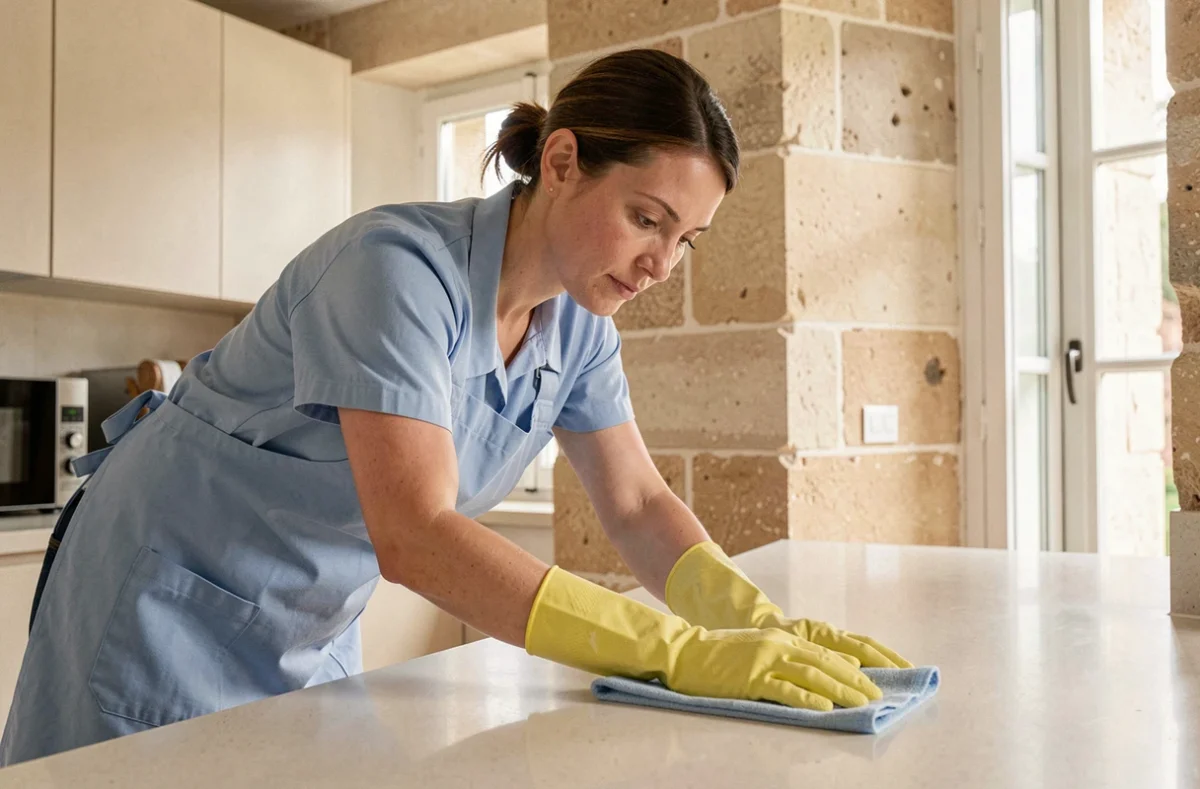 Femme de ménage professionnelle en uniforme bleu nettoyant le plan de travail d'une cuisine moderne dans un appartement à Angers