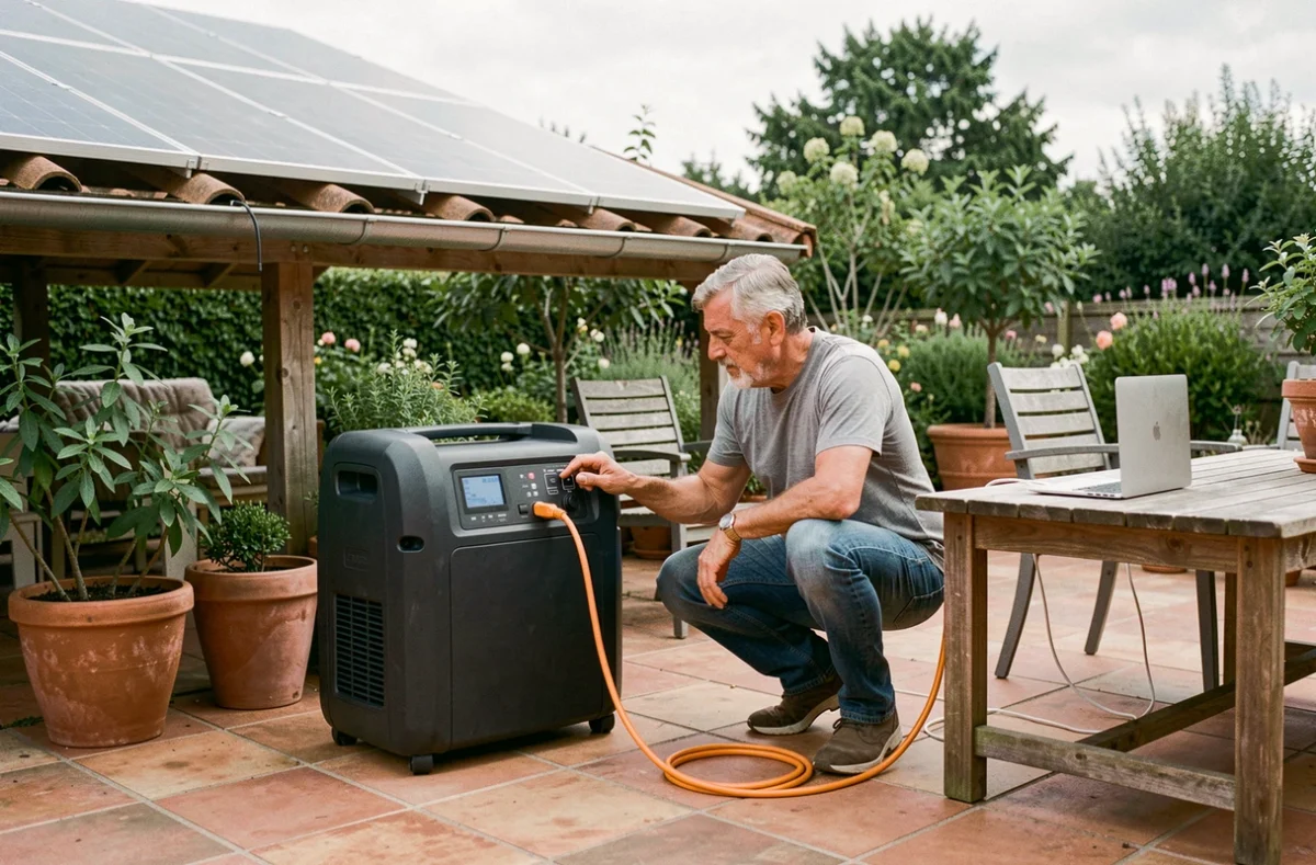 Station d'énergie portable rechargée par panneau solaire 800W sur une terrasse extérieure