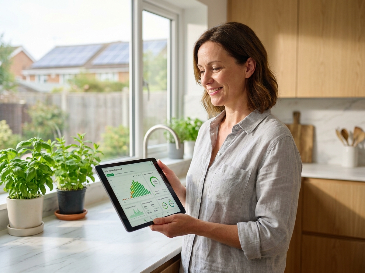 Femme consultant son application de suivi d'énergie solaire dans une cuisine moderne