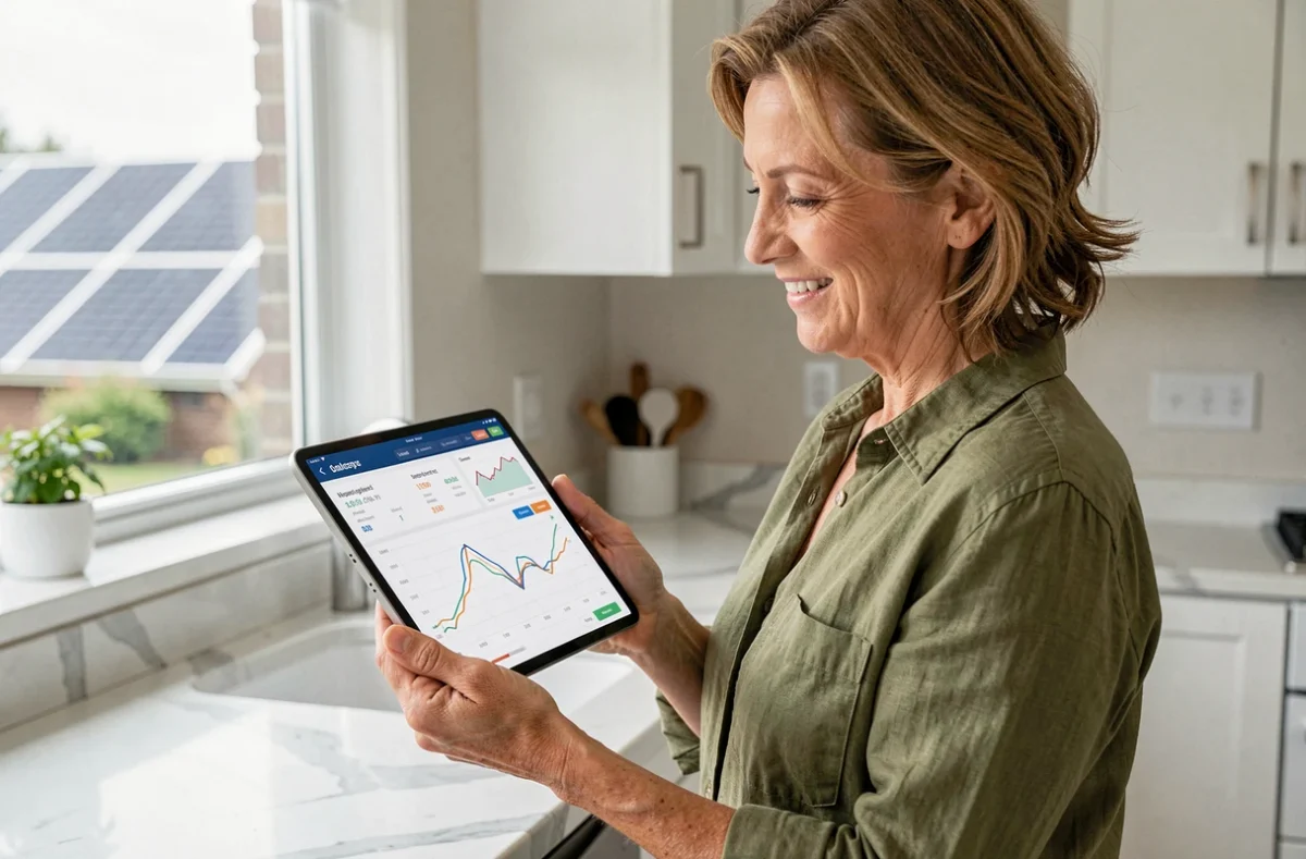 Propriétaire consultant les données de production de son kit solaire autoconsommation 6000W sur une tablette dans sa cuisine