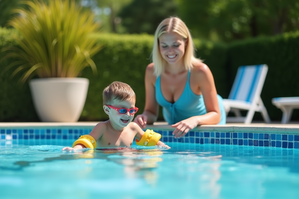 Adulte surveillant un enfant près de la piscine sécurisée