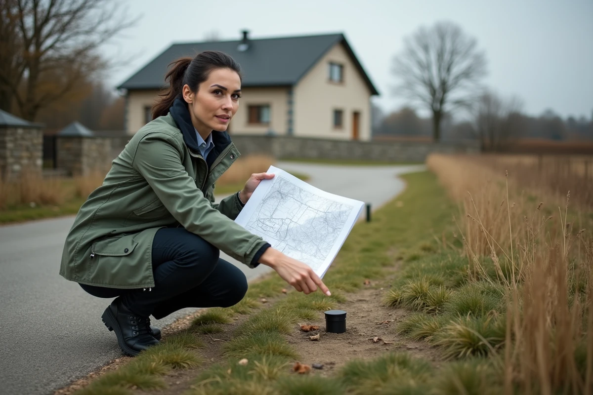 Femme consultant un plan cadastral sur le terrain pour délimiter les bornes de sa parcelle