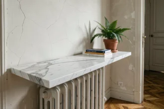 Tablette de radiateur en marbre blanc veiné installée dans un appartement haussmannien, avec parquet en chêne et moulures classiques