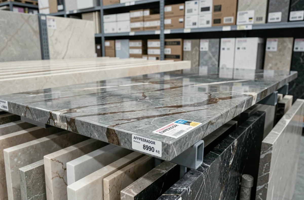 Tablette radiateur en marbre gris emperador exposée en magasin de bricolage avec étiquette de prix, idéale pour un achat pas cher