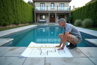 Propriétaire comparant les plans d'une piscine rectangulaire de taille moyenne dans un jardin résidentiel