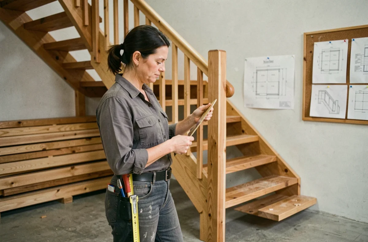 Menuisière inspectant un escalier en bois sur mesure dans un atelier de menuiserie contemporain