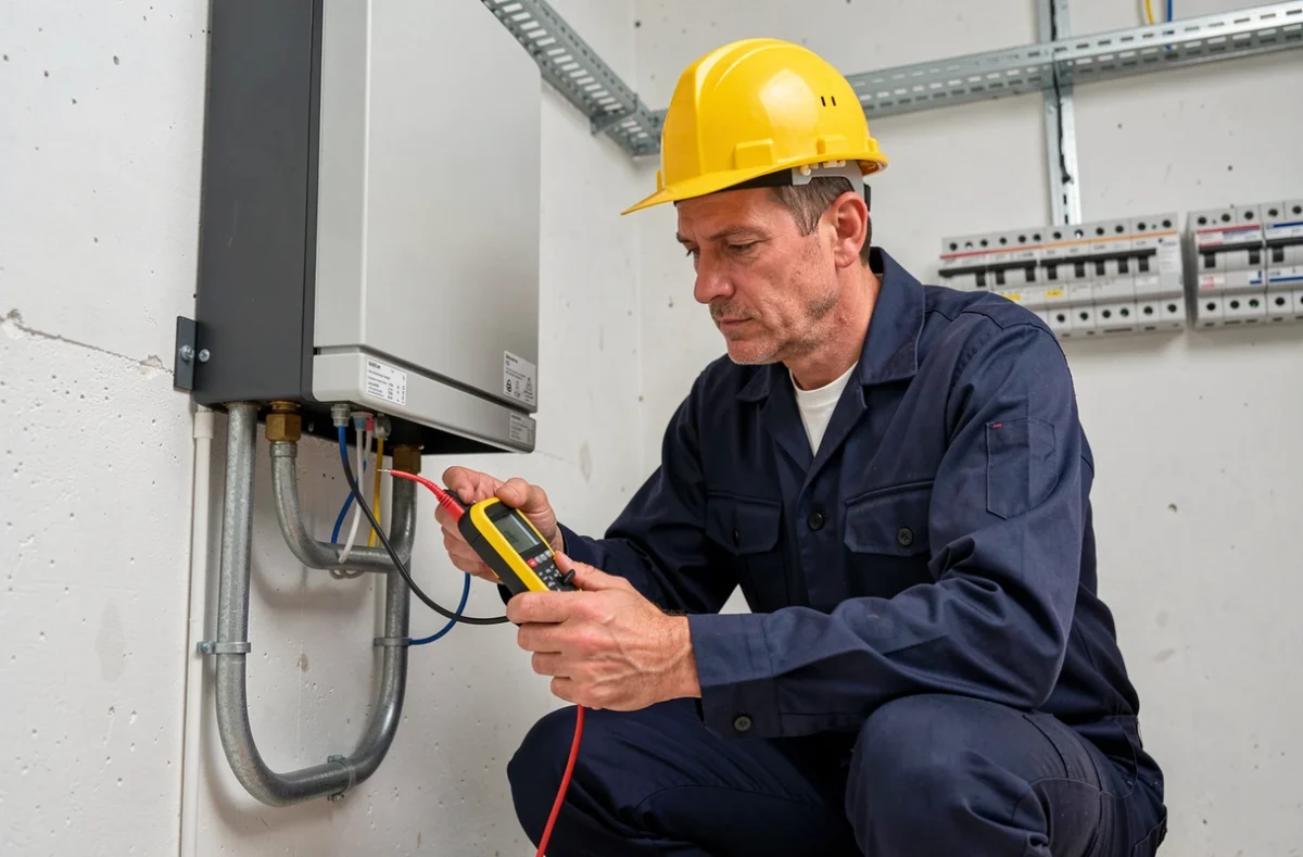 Technicien installant et vérifiant un onduleur solaire pour un kit autoconsommation 6000W dans une chaufferie domestique