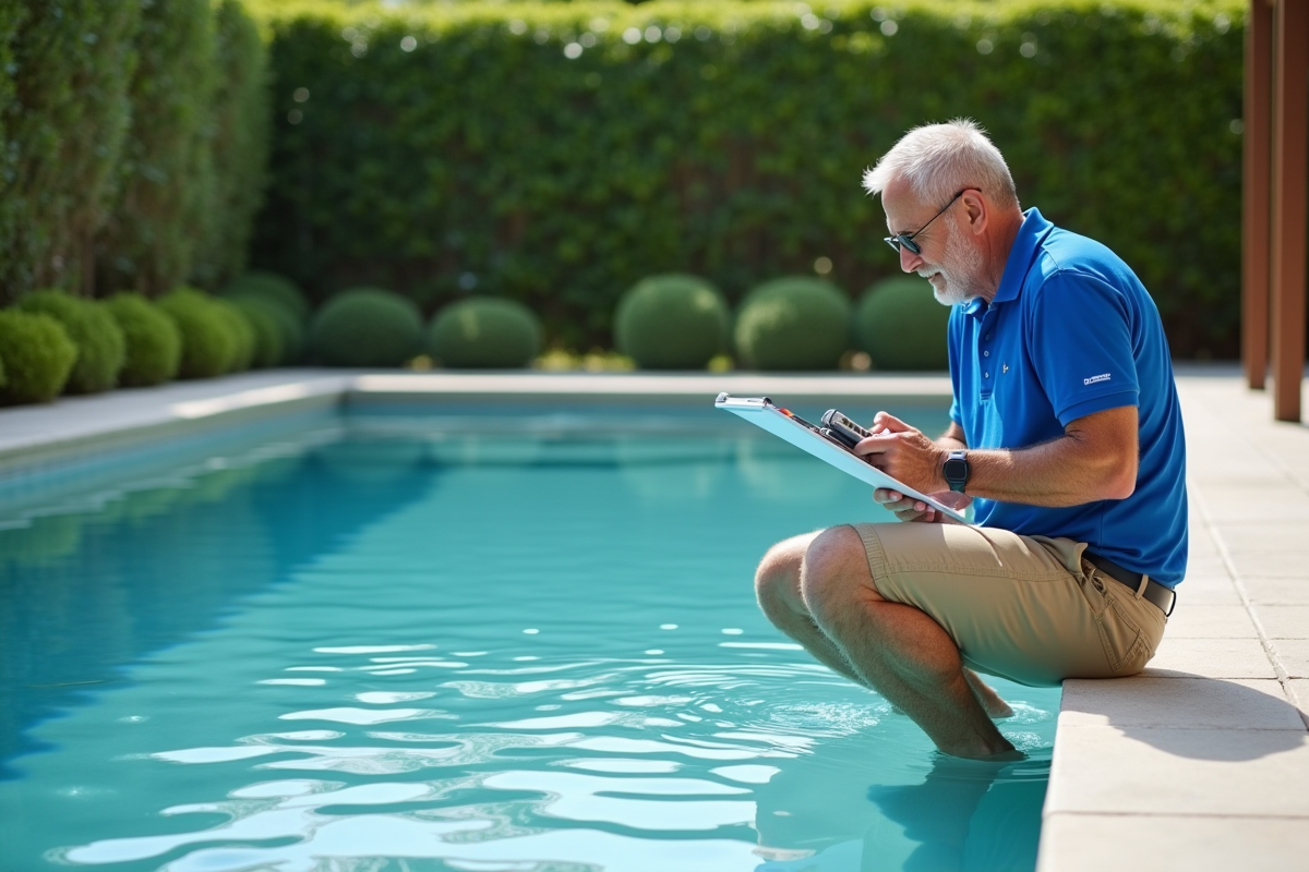 Technicien piscine testant l'eau avec un appareil digital