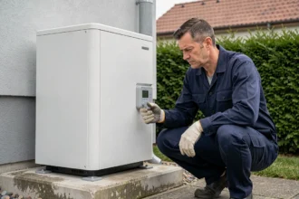 Technicien inspectant une pompe à chaleur installée à l'extérieur d'une maison résidentielle